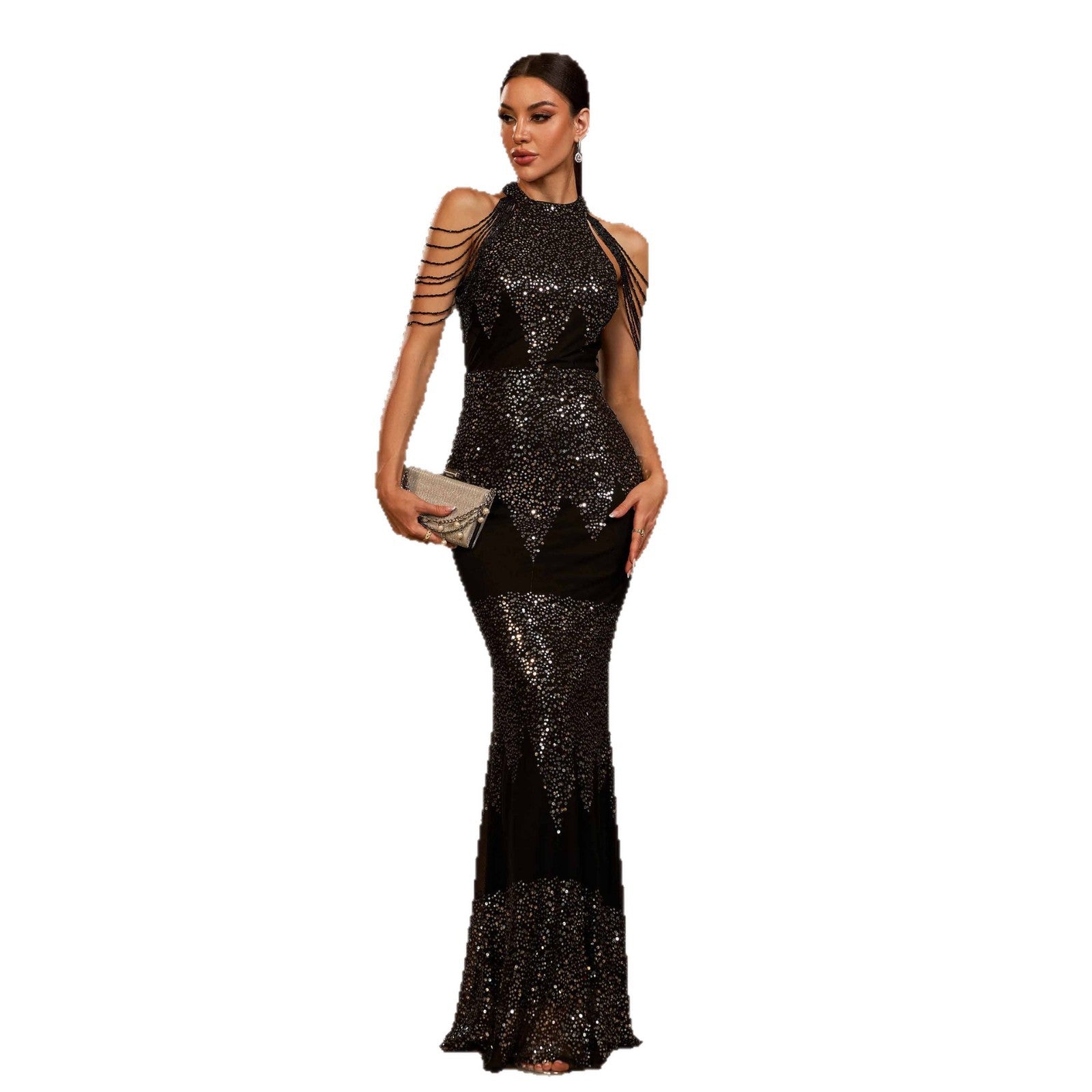 Marcella Sculpted Halter Sequin Evening Dress